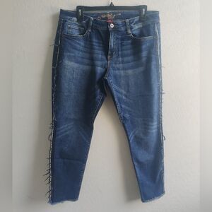 Arizona Jean Company Blue wash Frayed mid-rise Cotton cropped ankle Jeans_13